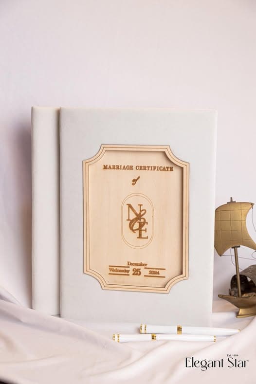 Ivory Velvet Wooden Art Marriage Certificate Holder cover 1